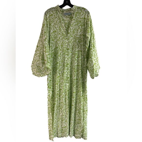 Tish Cox White & Green Floral Lightweight Cotton Dress Exaggerated Sleeves SZ S - Picture 1 of 7